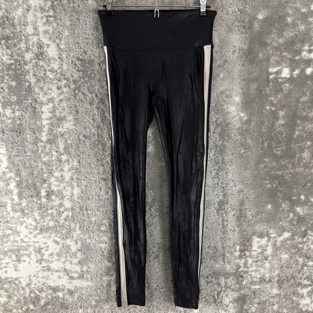 Spanx Size M Faux Leather Side Stripe Active Compression Leggings Black Women